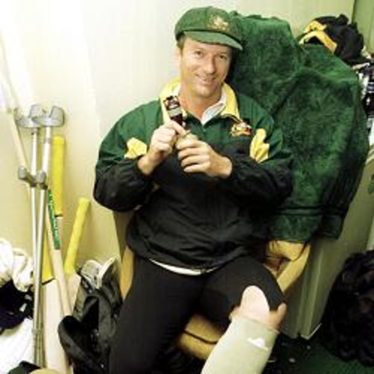 4 Aug 2001: Australian Captain Steve Waugh celebrates taking the Ashes despite an injured leg after the third day of the npower Third Test match between England and Australia at Trent Bridge, Nottingham.