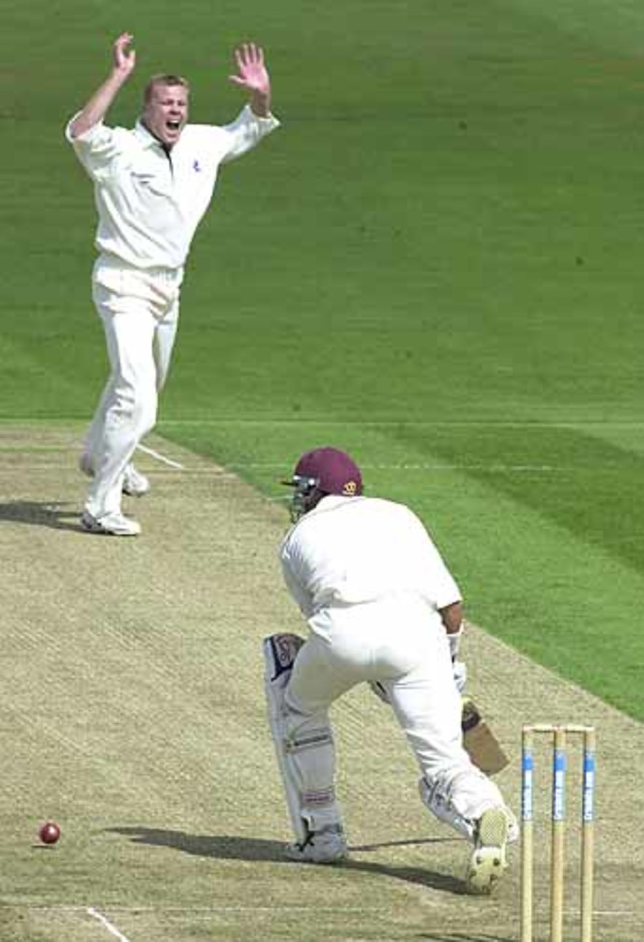 Martin Saggers with an lbw shout against Hussey, but not out, CricInfo Championship, 8th August 2001