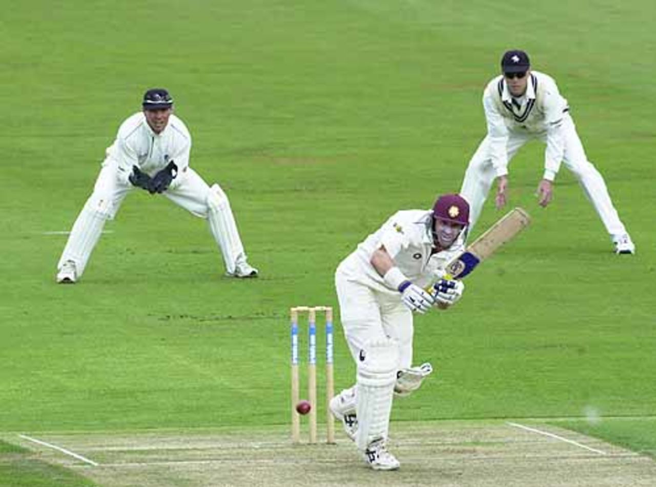 Hussey with a lovely on drive off the bowling of Trott. CricInfo Championship, 8th August 2001