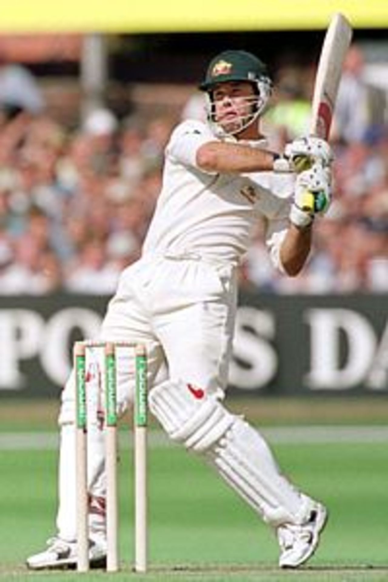 16 Aug 2001: Ricky Ponting of Australia hits four runs on his way to fifty not out during the first day of the England v Australia fourth NPower test match at Headingley, Leeds.