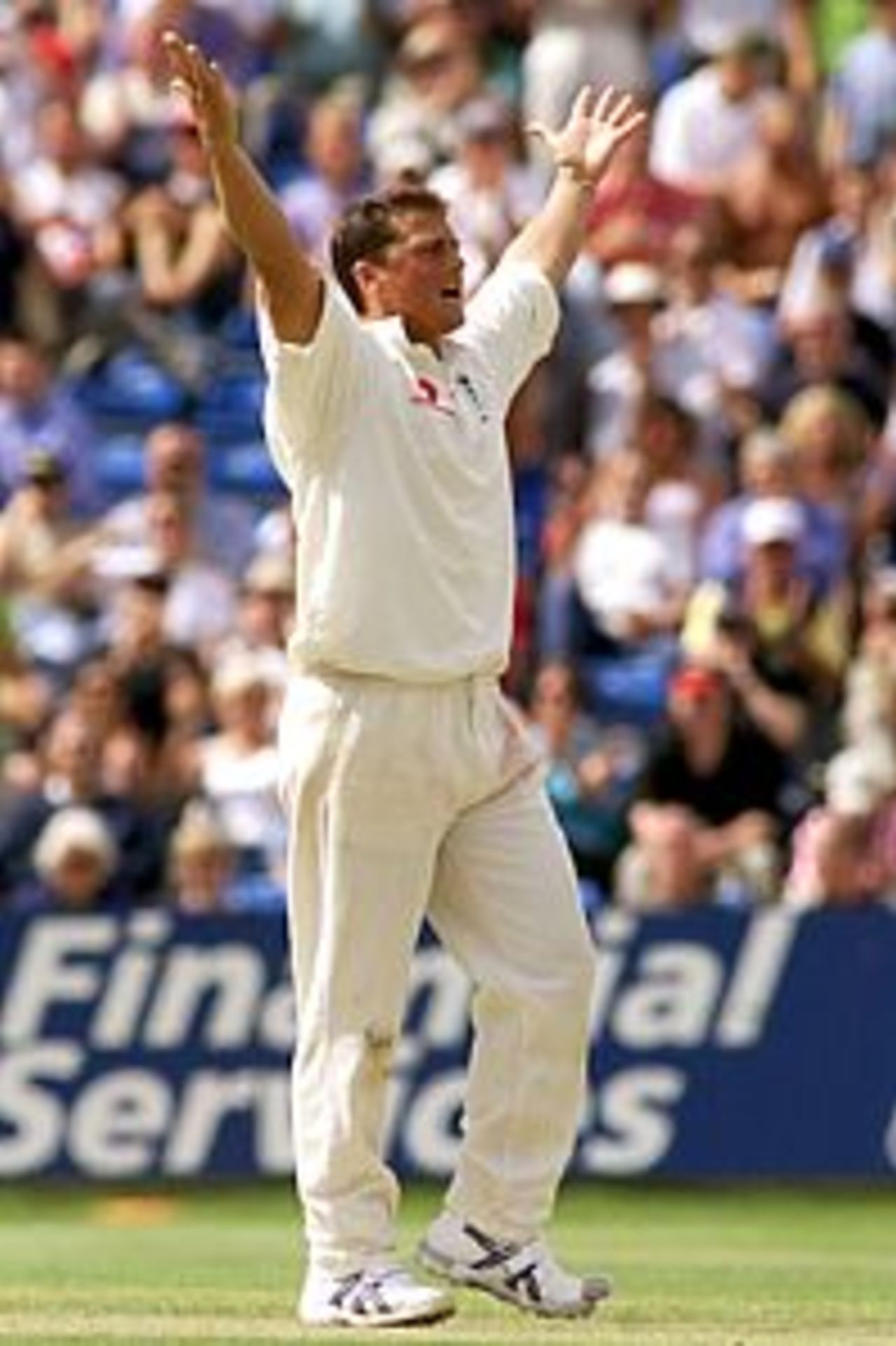 Darren Gough of England claims the wicket of Adam Gilchrist of Australia, caught by Marcus Trescothick for 19, during day two of the fourth test between England and Australia at Headingley, Leeds, England.