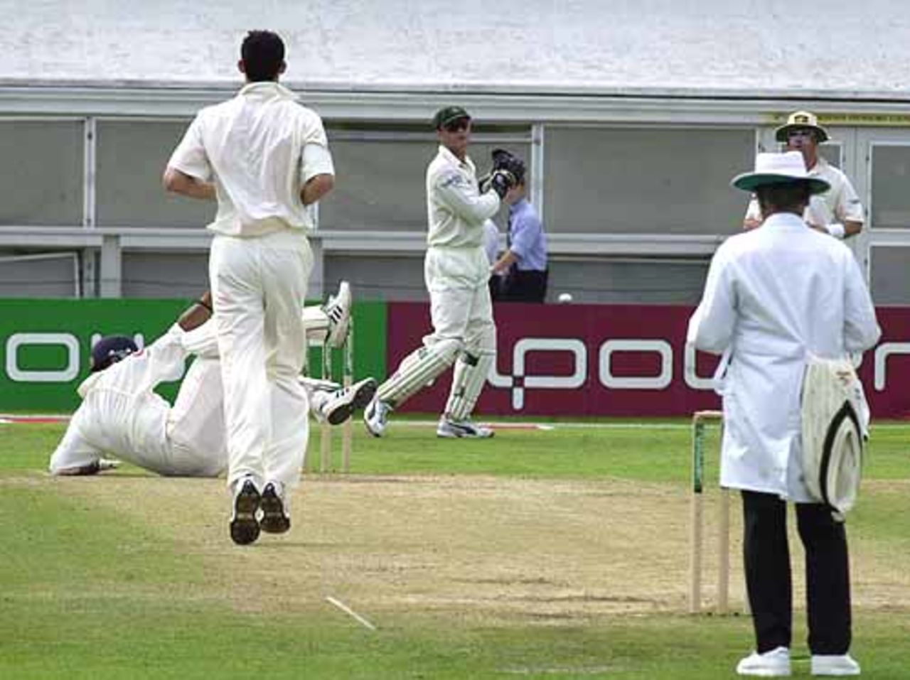 Usman Afzaal is felled by a delivery from Jason Gillespie, England v Australia, The Ashes 4th npower Test, Leeds, 16-20 Aug 2001