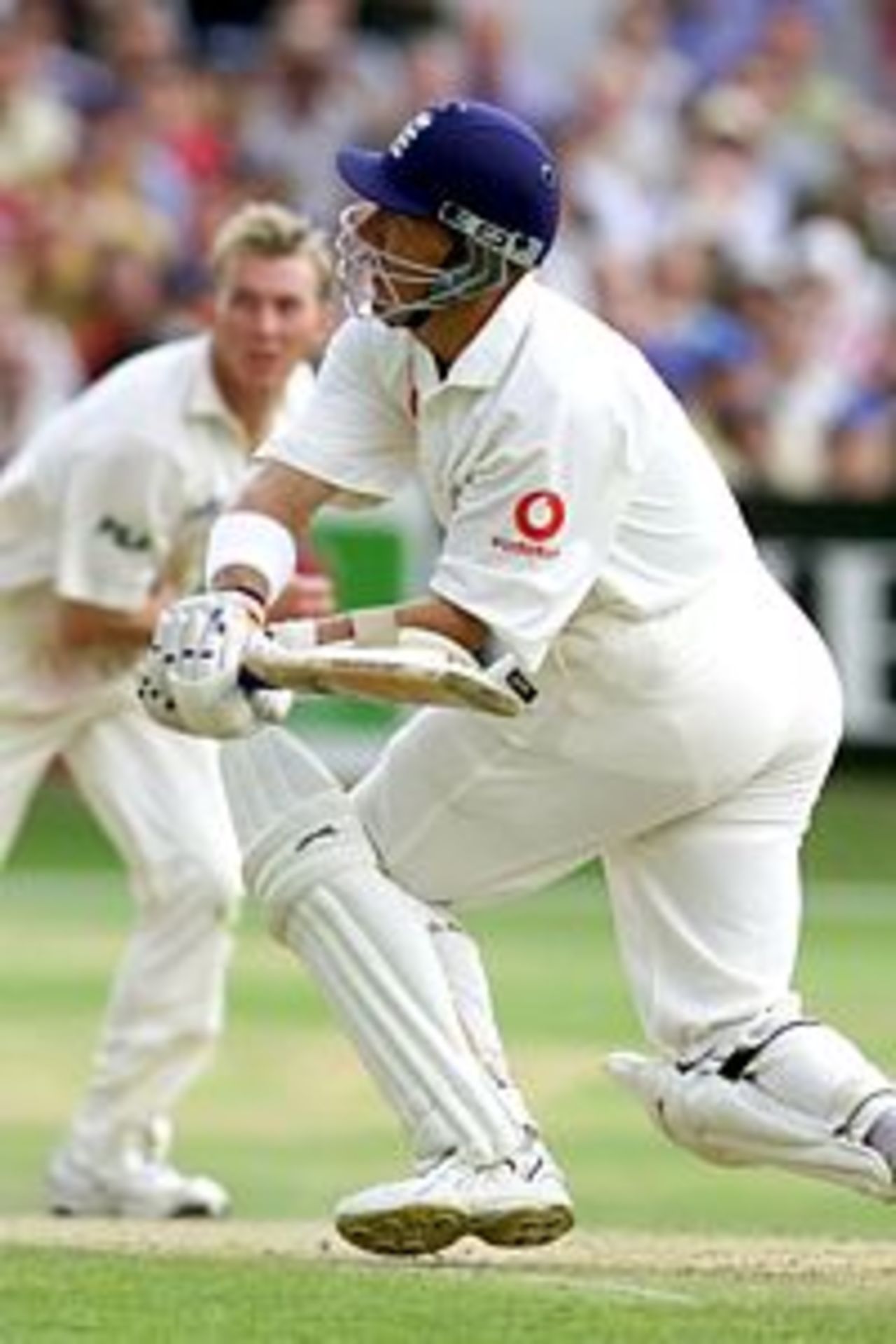 18 Aug 2001: Alec Stewart of England smashes Brett Lee of Australia during the 3rd day of the 4th Test Match between England and Australia at Headingley.