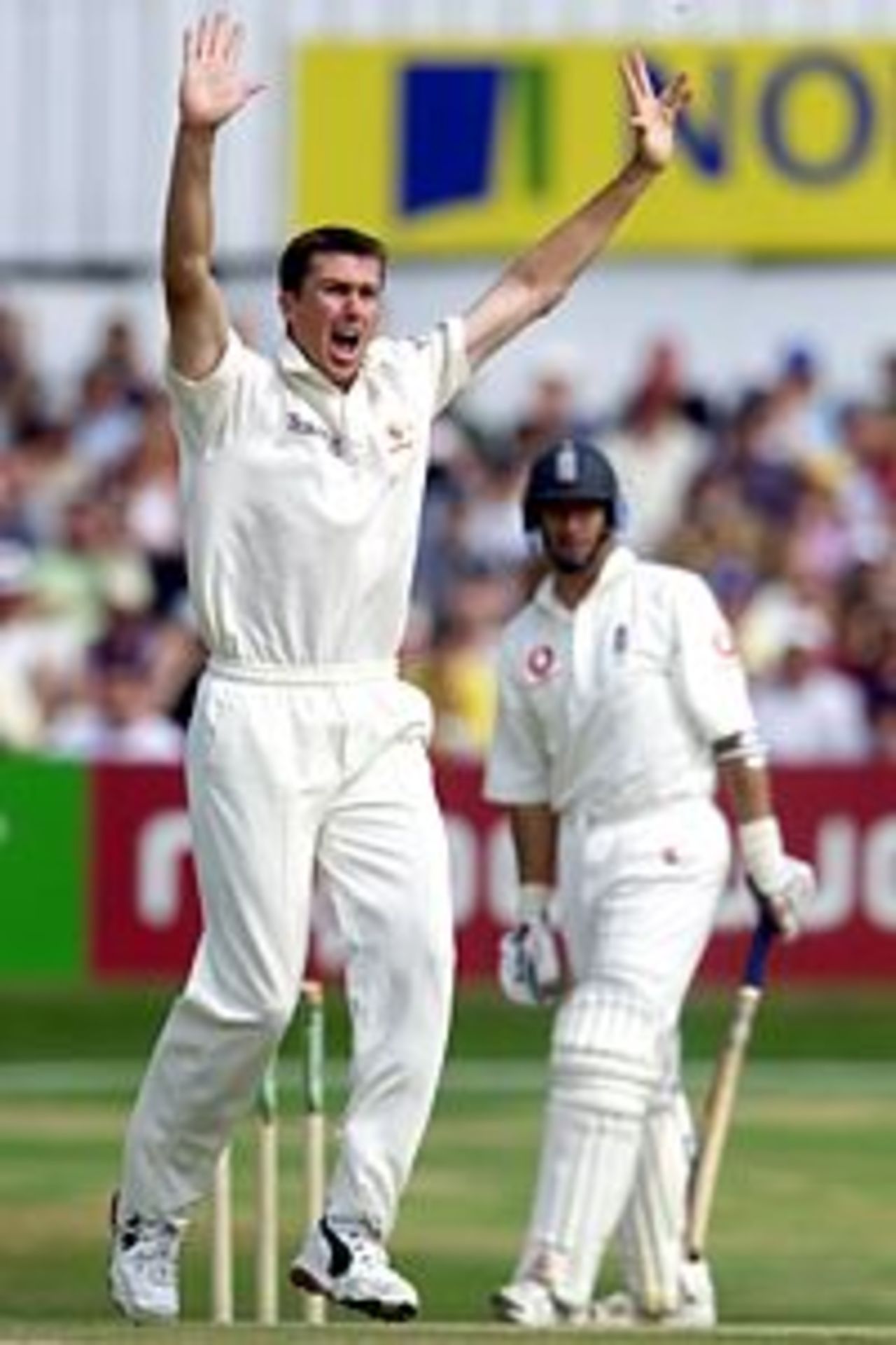 18 Aug 2001: Nasser Hussain of England is trapped lbw by Glenn McGrath of Australia during the 3rd day of the 4th Test Match between England and Australia at Headingley.