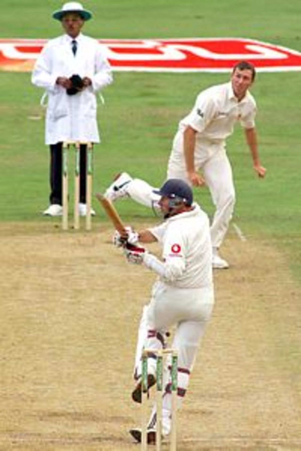 19 Aug 2001: Michael Atherton of England hooks Glenn McGrath of Australia for four, during day four of the fourth test between England and Australia at Headingley, Leeds, England.