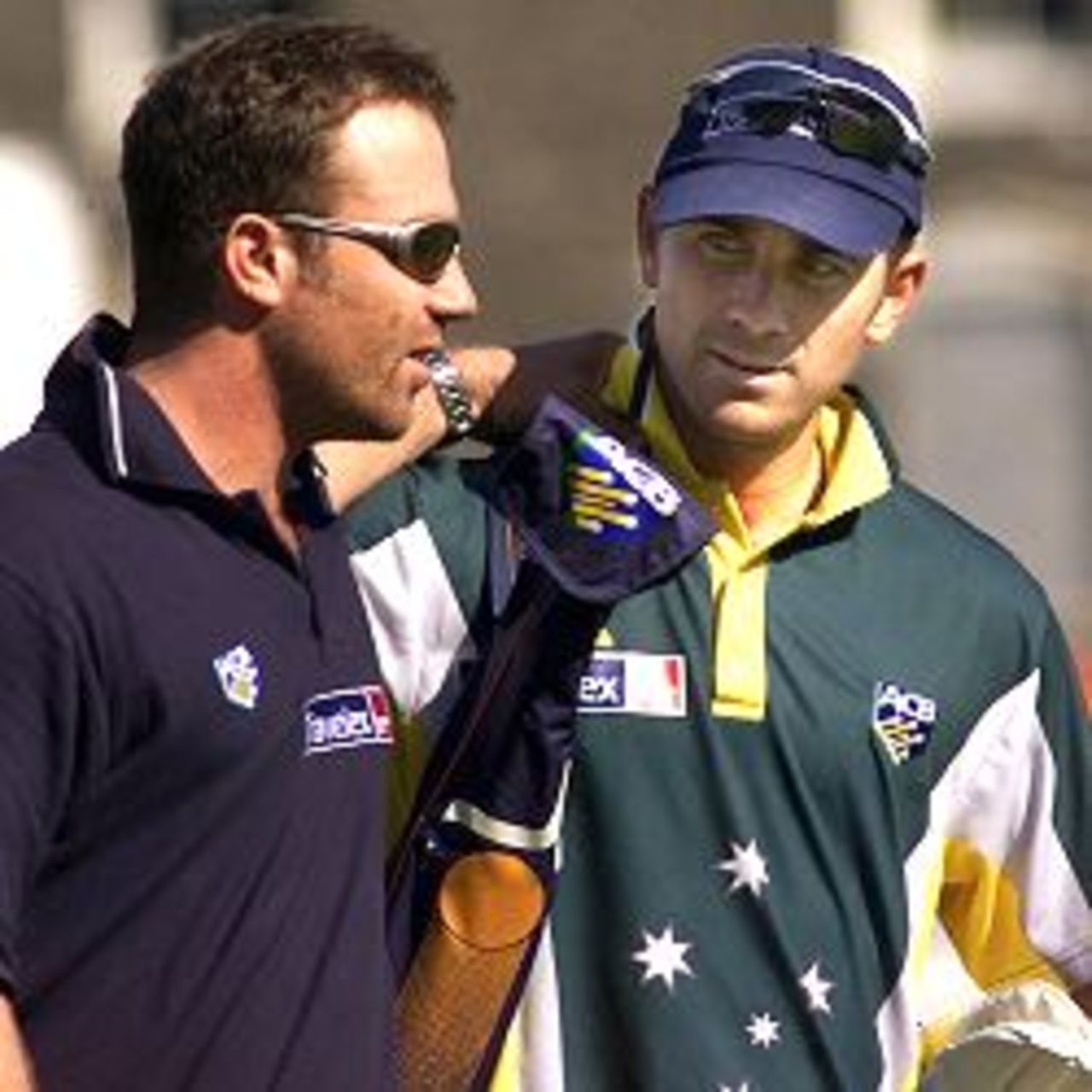 Michael Slater of Australia speaks with Justin Langer, during training at The Oval, London, England.