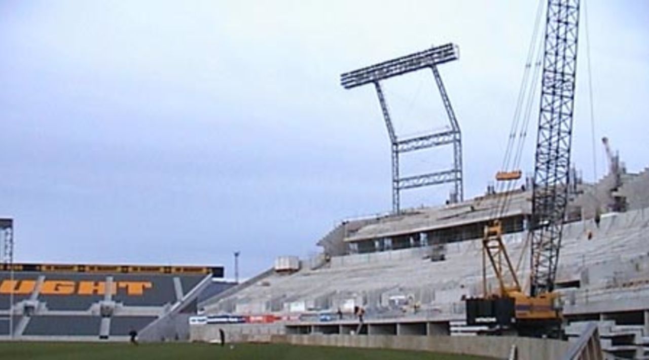 A view of part of the new stand adjacent to the DB Draught Stand, during construction to replace the embankment at Jade Stadium, 23 August 2001.