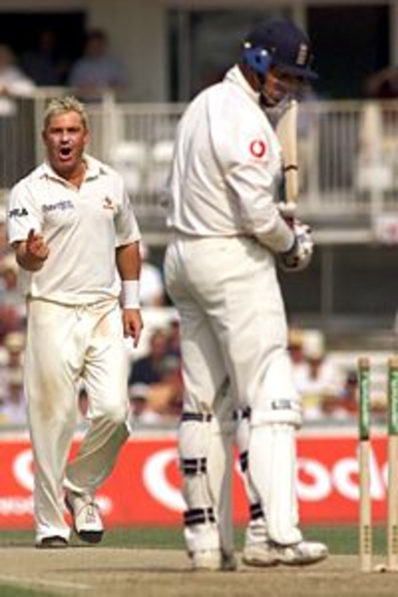 Shane Warne of Australia bowls Marcus Trescothick of England for 55, during day three of the Fifth Test between England and Australia, at The Oval, London, England.