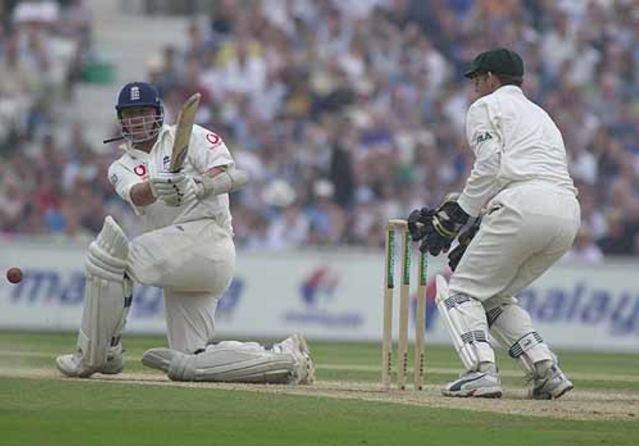 Darren Gough manages a sweep against Warne, fifth npower Test, Day 4, The Oval, 26 August 2001