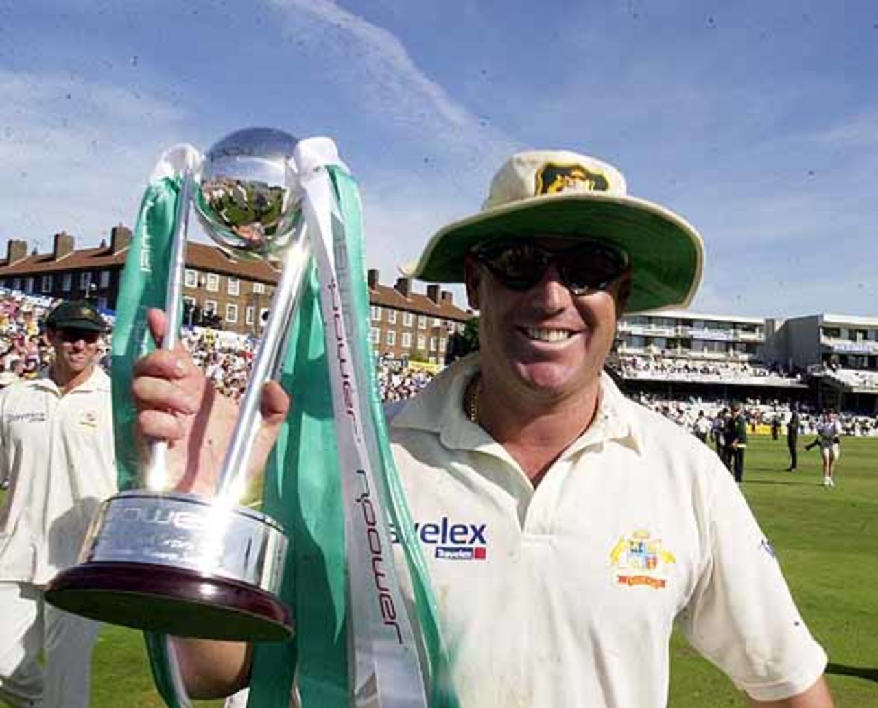 Man of the Match Shane Warne with the npower Trophy, fifth npower Test, The Oval, Mon 27 Aug 2001