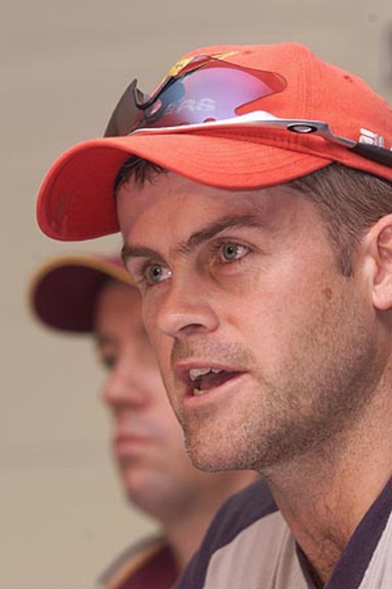 21 Mar 2002: Jamie Cox of the Tigers speaks with the press during the Captains Press Conference held in preperation for the Pura Cup Final to be played between the Queensland Bulls and the Tasmania Tigers at the Gabba, Brisbane, Australia.