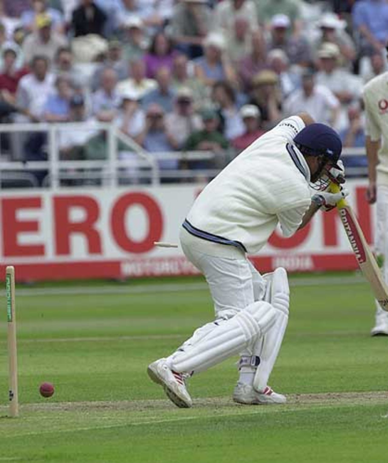 Virender Sehwag is bowled Craig White for 106, 2nd npower Test at Trent Bridge, August 2002