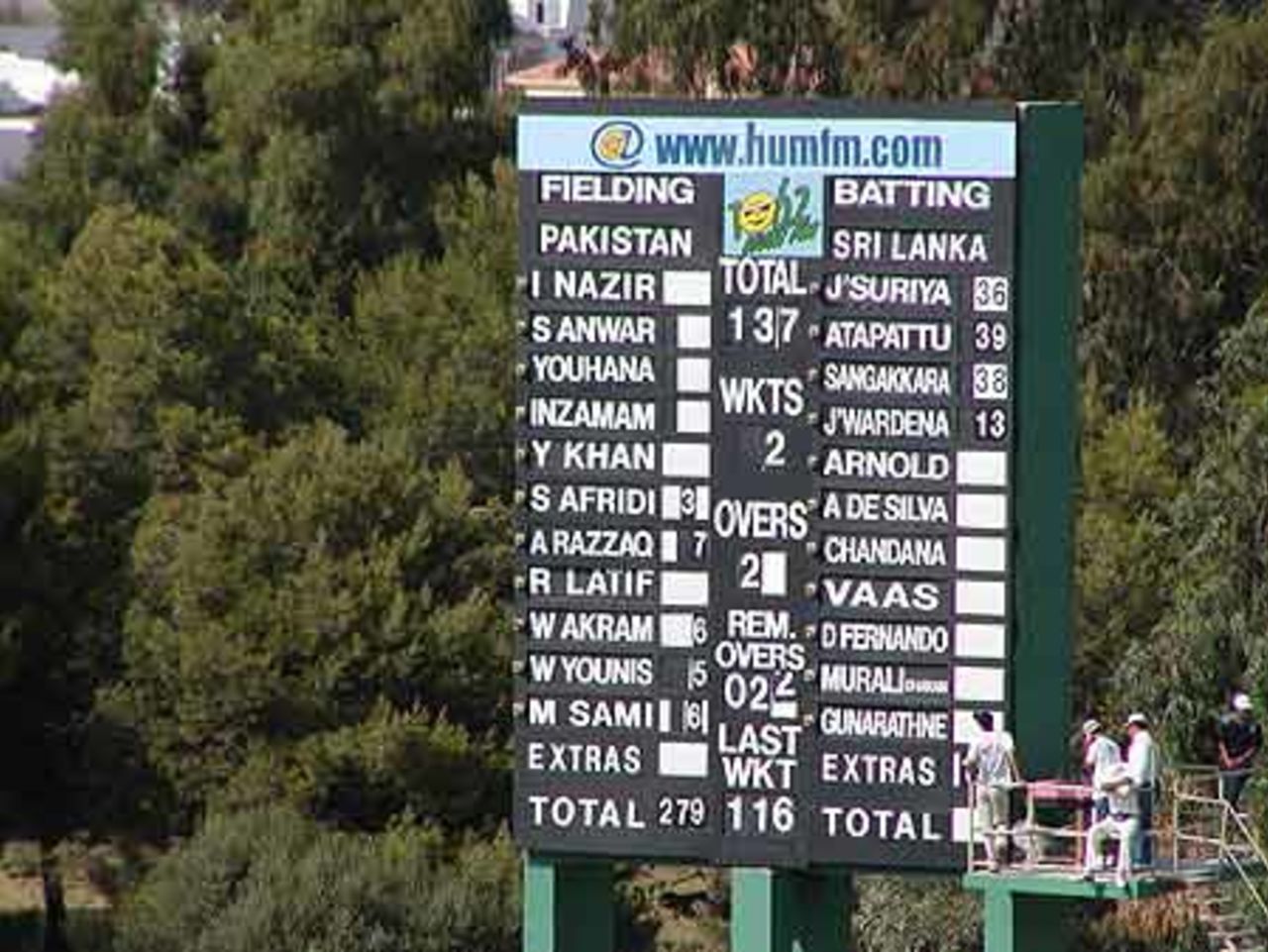 The Stadium scoreboard,  2nd ODI at Tangier, Pakistan v Sri Lanka, 14 Aug 2002