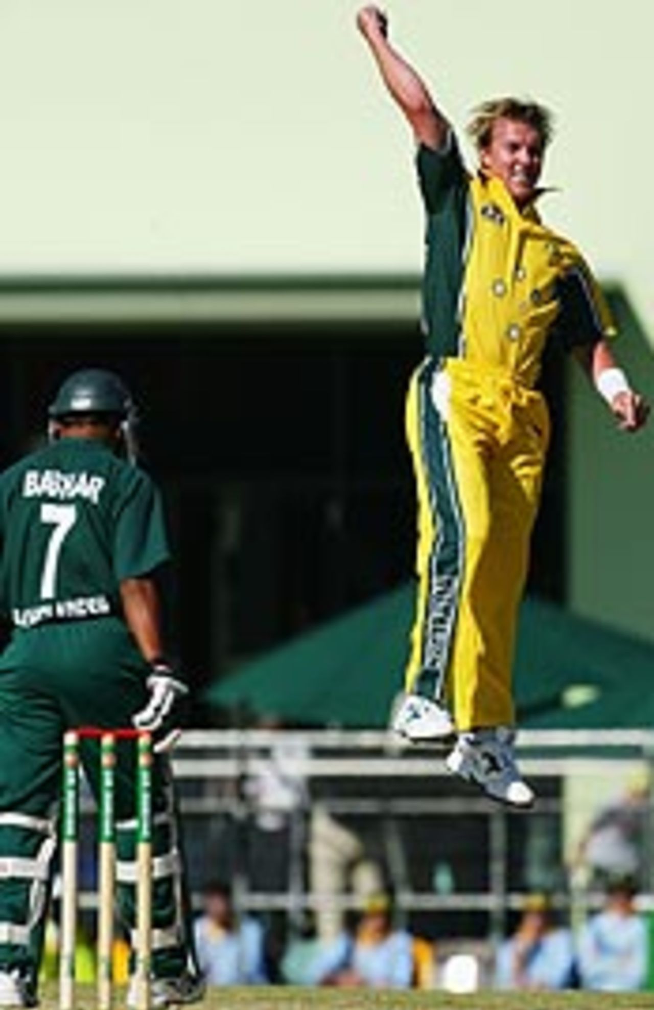 Brett Lee celebrates after dismissing Habibul Bashar in the first ODI between Australia and Bangladesh at Cairns