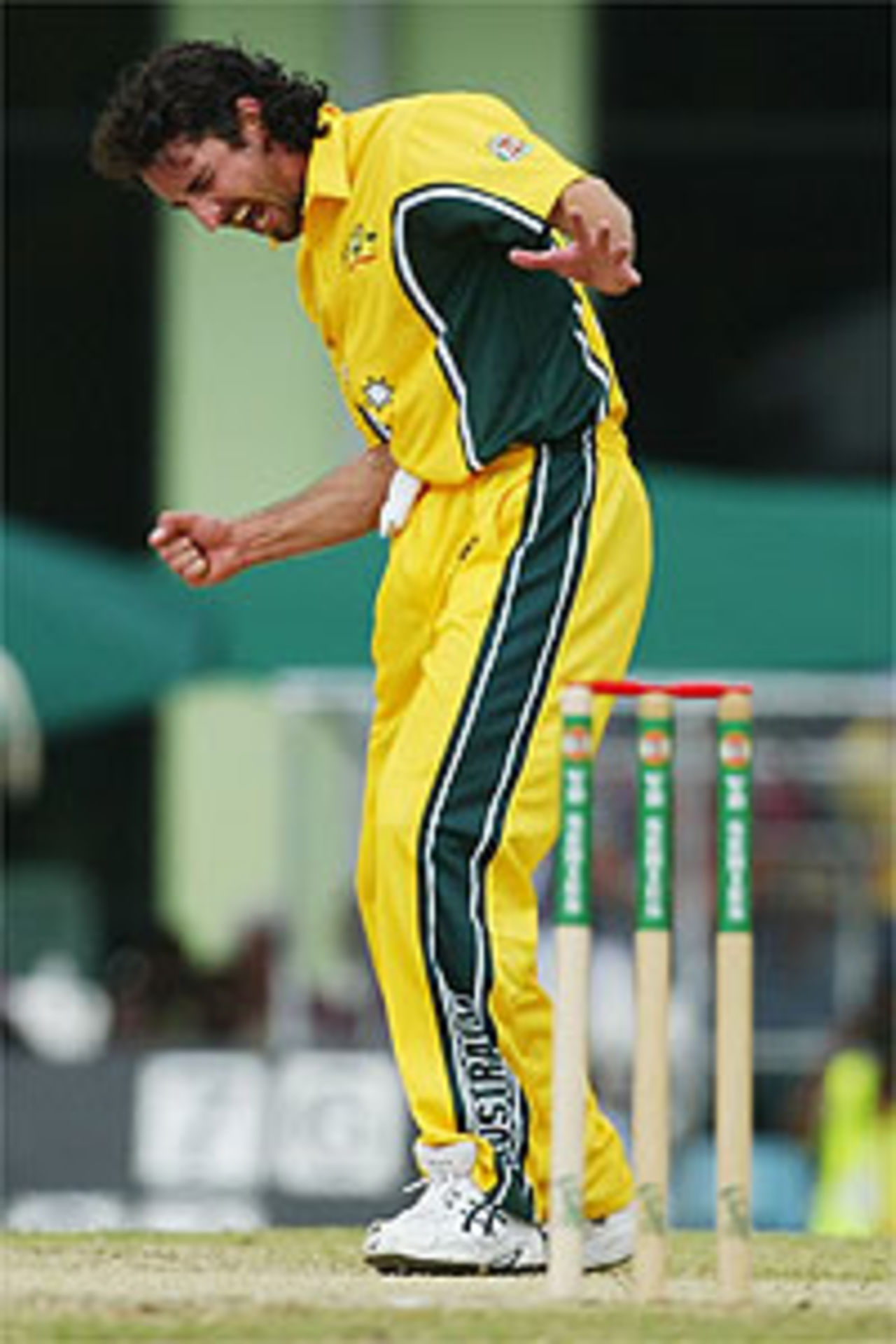 CAIRNS- AUGUST 2: Jason Gillespie of Australia celebrates the wicket of Khaled Mashud of Bangladesh during the 1st One Day International between Australia and Bangladesh played at Bundaberg Rum Stadium on August 2, 2003, Cairns, Australia.
