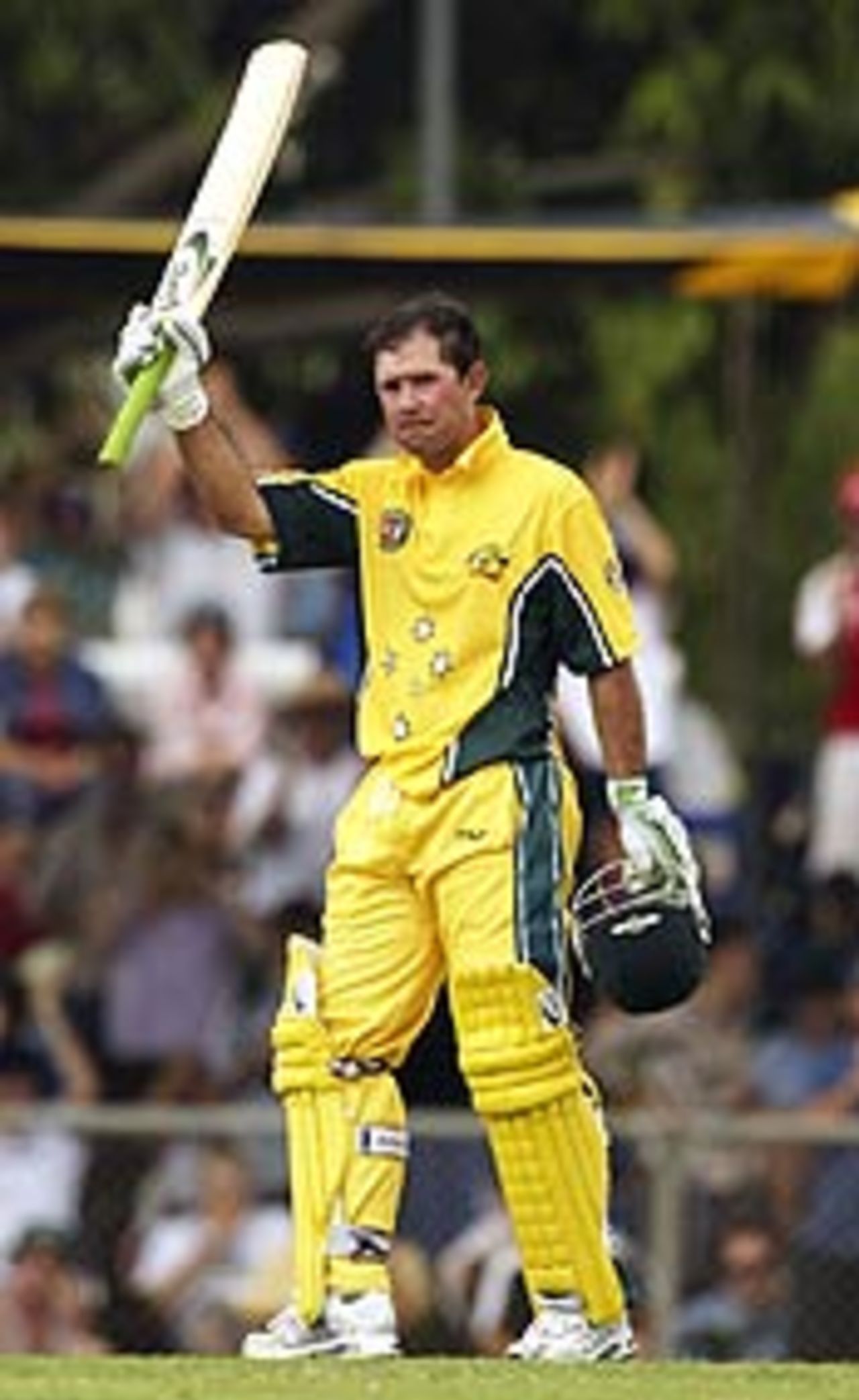 DARWIN, AUSTRALIA - AUGUST 6: Ricky Ponting of Australia reaches 100 during the 3rd One Day International between Australia and Bangladesh played at Marrara Oval on August 6, 2003 in Darwin, Australia.