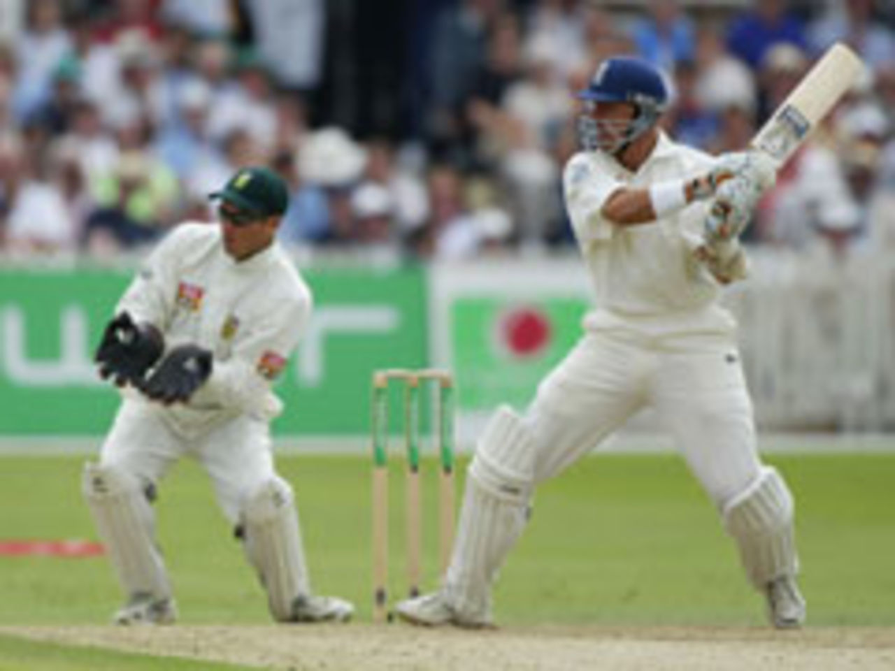 Alec Stewart cuts on his way to 72 in England's 445 against South Africa at Trent Bridge