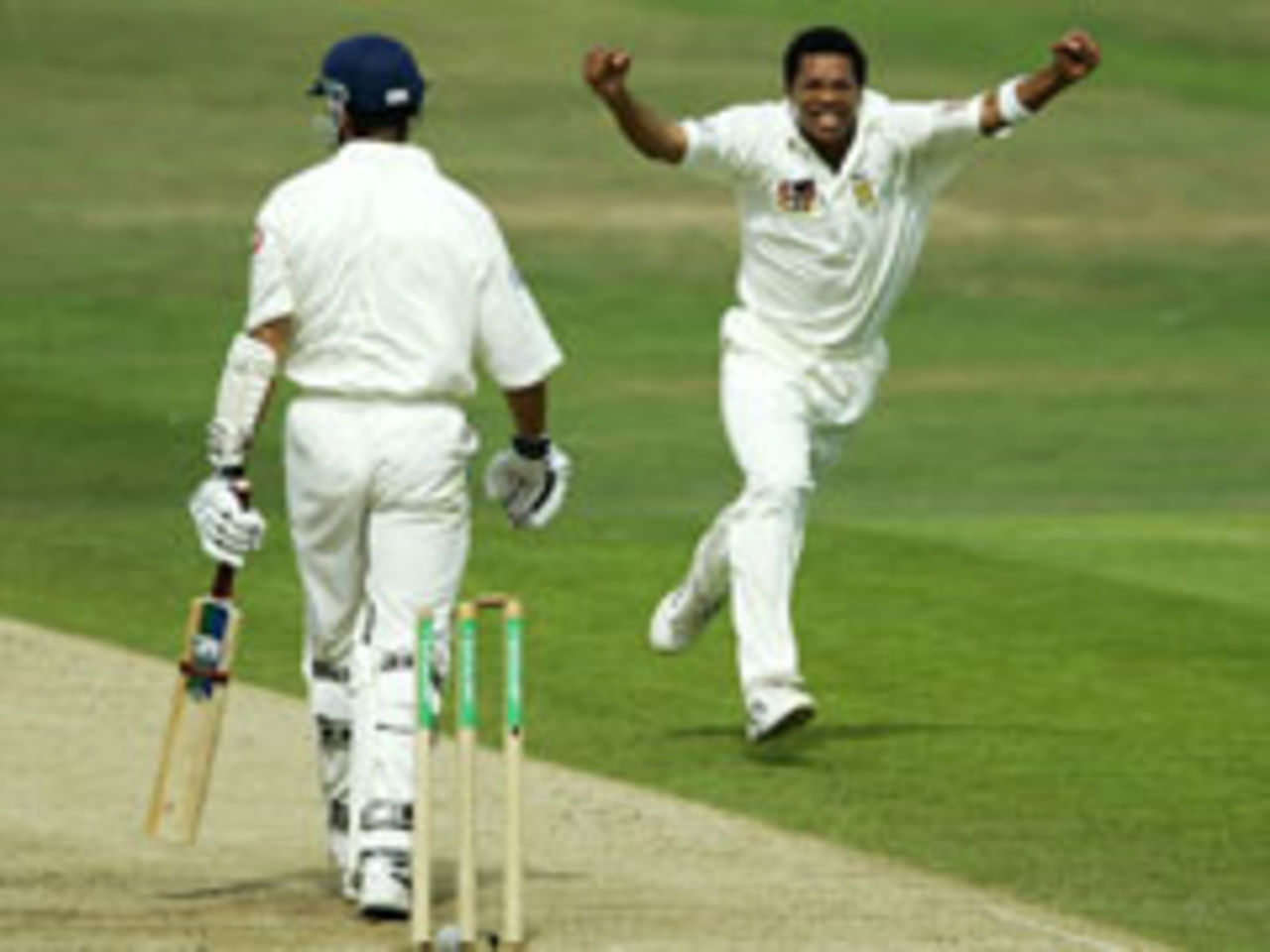 Makhaya Ntini celebrates his fortunate wicket of Michael Vaughan at Headingley
