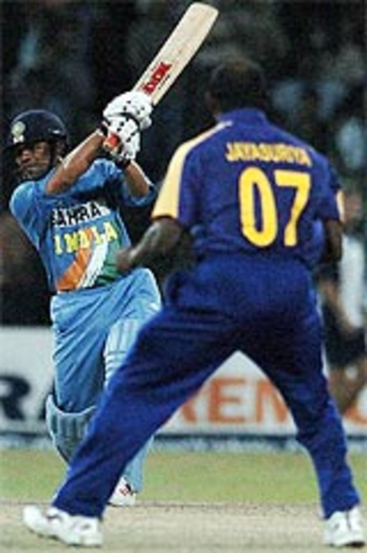 Sachin Tendulkar drives as Sanath Jayasuriya looks on, Sri Lanka v India, Final, Asia Cup, August 1, 2004