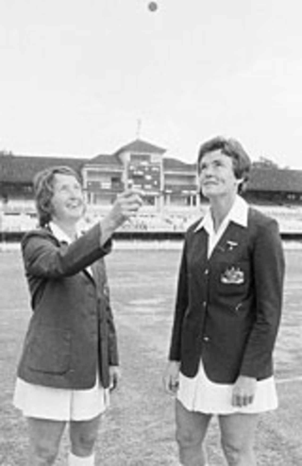 Rachel Heyhoe-Flint, the captain of the English Women's cricket team with her Australian counterpart, D A Gordon, tossing up before the first ever women's cricket match played at Lord's, August 4, 1976
