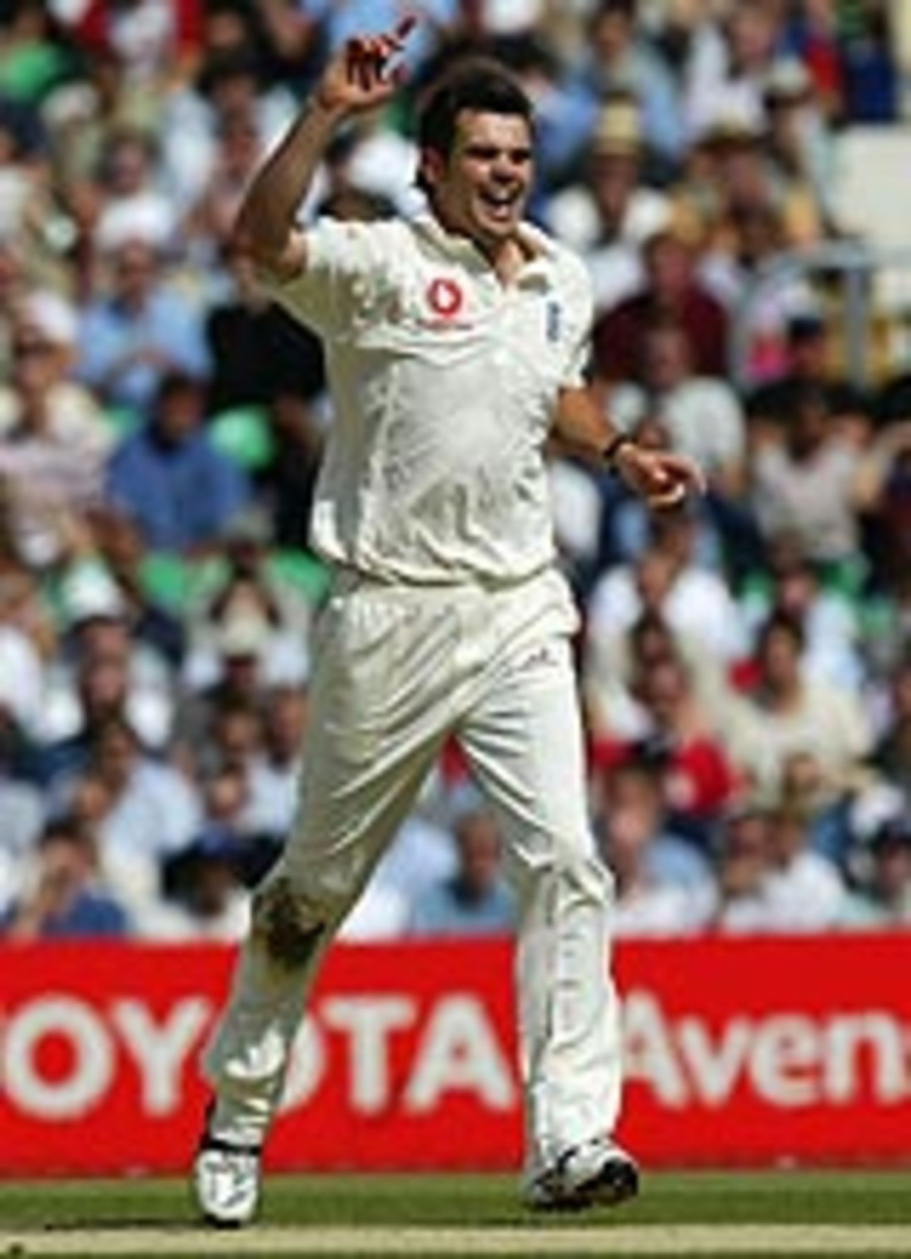 James Anderson celebrates the big wicket of Brian Lara, as England complete the whitewash in the fourth Test at The Oval, August 21, 2004