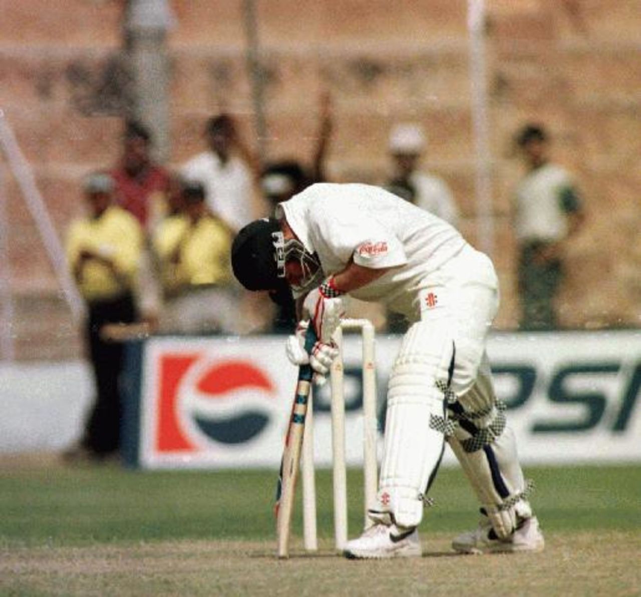 Michael Slater is dismissed for a duck caught by Mohammad Azharuddin off the bowling of David Johnson