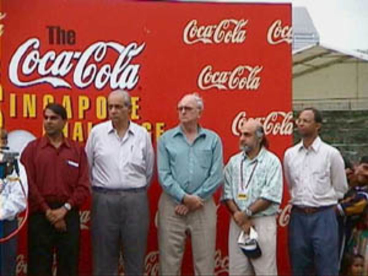 The cricket board chiefs - BCCI's Raj Singh Dungarpur and ZCU's David Ellman-Brown on the podium (2nd and 3rd from the left), India v Zimbabwe (2nd ODI), Coca-Cola Singapore Challenge, 1999-2000, Kallang Ground, Singapore, 4 Sep 1999