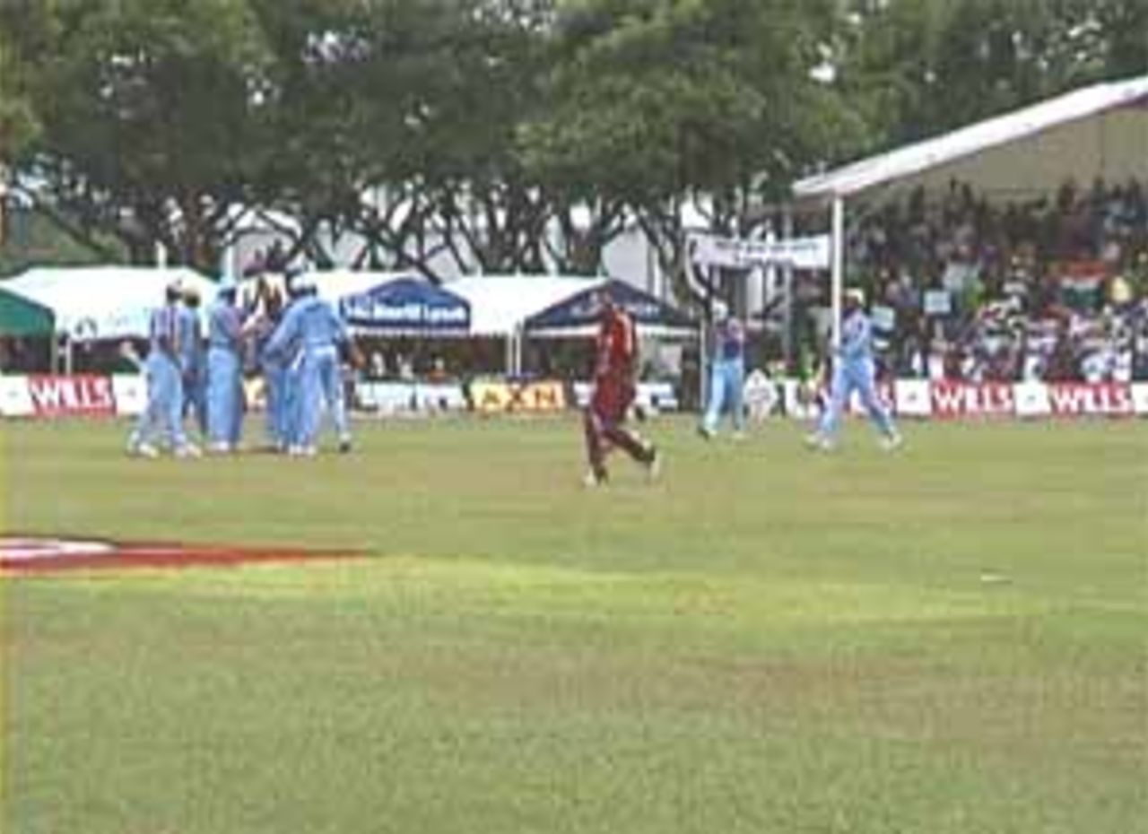Indians celebrate as Chanderpaul walks back, India v West Indies (3rd ODI), Coca-Cola Singapore Challenge, 1999-2000, Kallang Ground, Singapore, 5 Sep 1999.