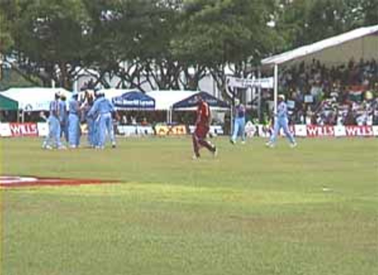 Indians celebrate as Jacob walks back, India v West Indies (3rd ODI), Coca-Cola Singapore Challenge, 1999-2000, Kallang Ground, Singapore, 5 Sep 1999.