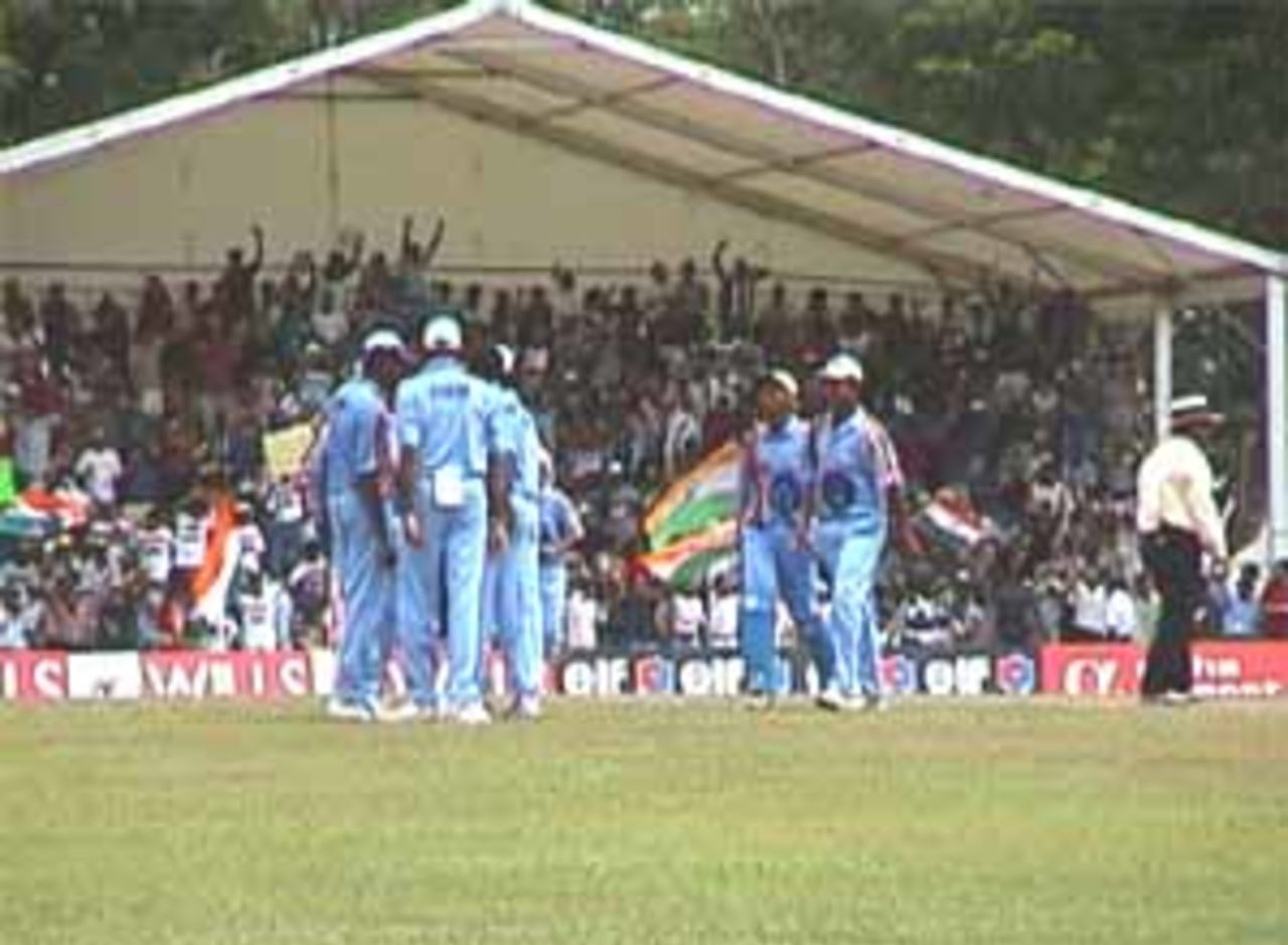 Indians celebrating the fall of McLean, India v West Indies (3rd ODI), Coca-Cola Singapore Challenge, 1999-2000, Kallang Ground, Singapore, 5 Sep 1999.