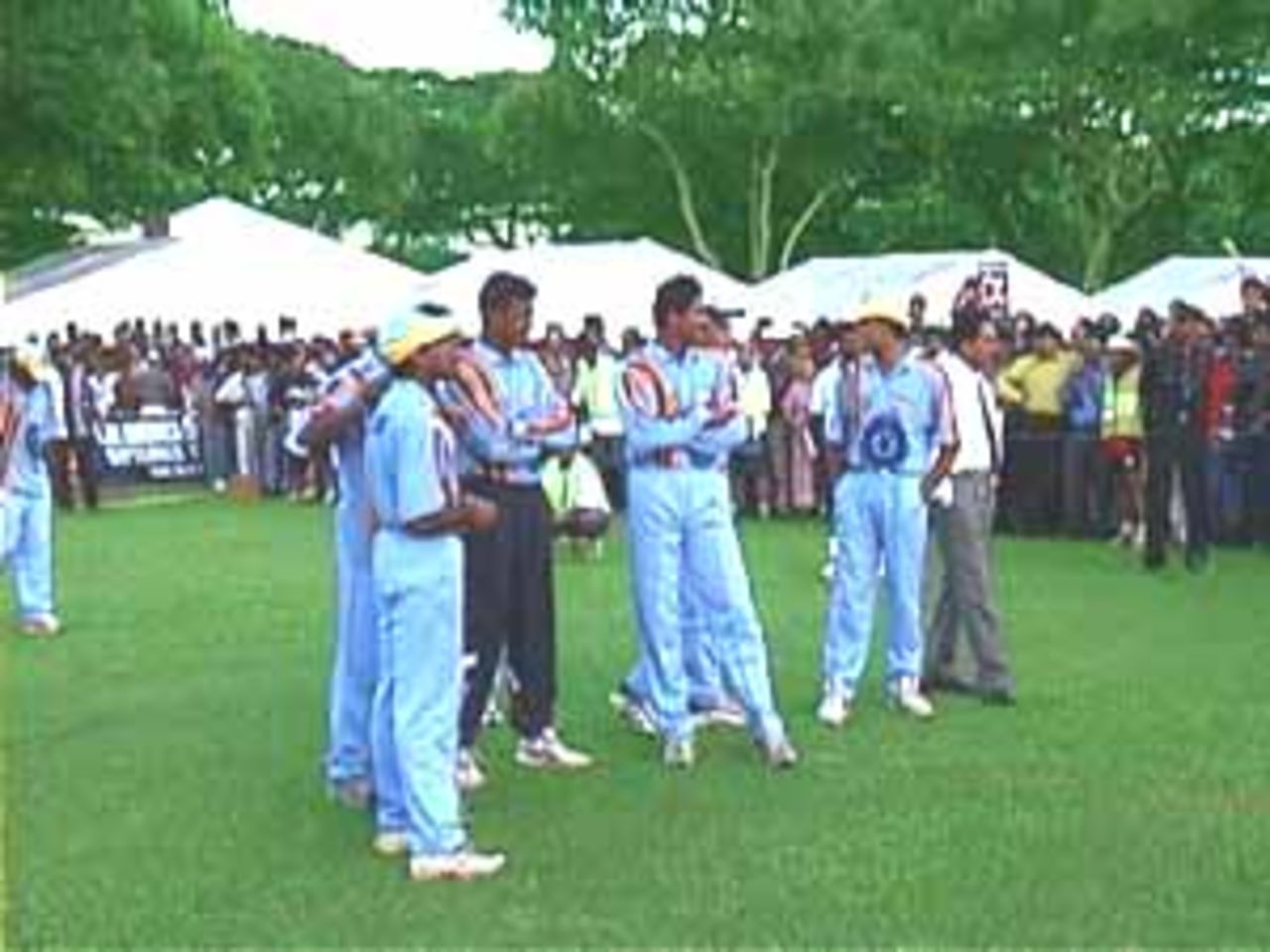 Indian players look on, at the award ceremony, India v West Indies (3rd ODI), Coca-Cola Singapore Challenge, 1999-2000, Kallang Ground, Singapore, 5 Sep 1999.