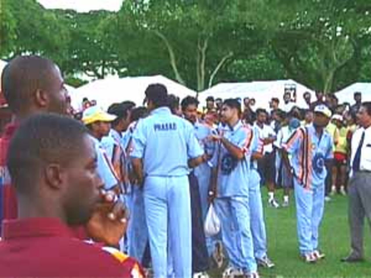 The Indians in discussion at the award ceremony, India v West Indies (3rd ODI), Coca-Cola Singapore Challenge, 1999-2000, Kallang Ground, Singapore, 5 Sep 1999.