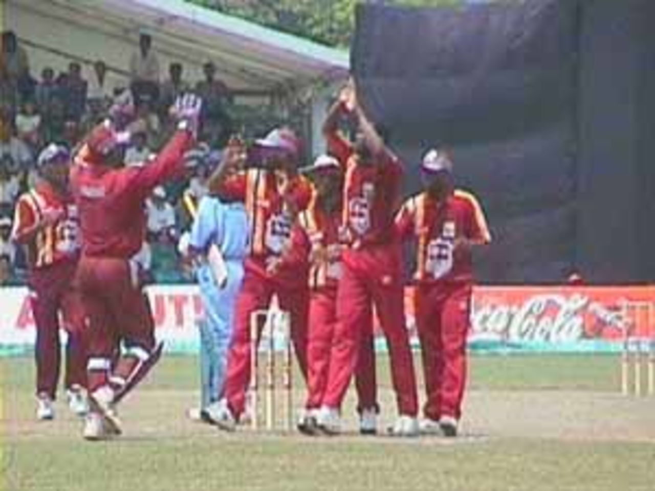 The West Indians celebrate as Kambli fails yet again, India v West Indies (Final), Coca-Cola Singapore Challenge, 1999-2000, Kallang Ground, Singapore, 7 Sep 1999.