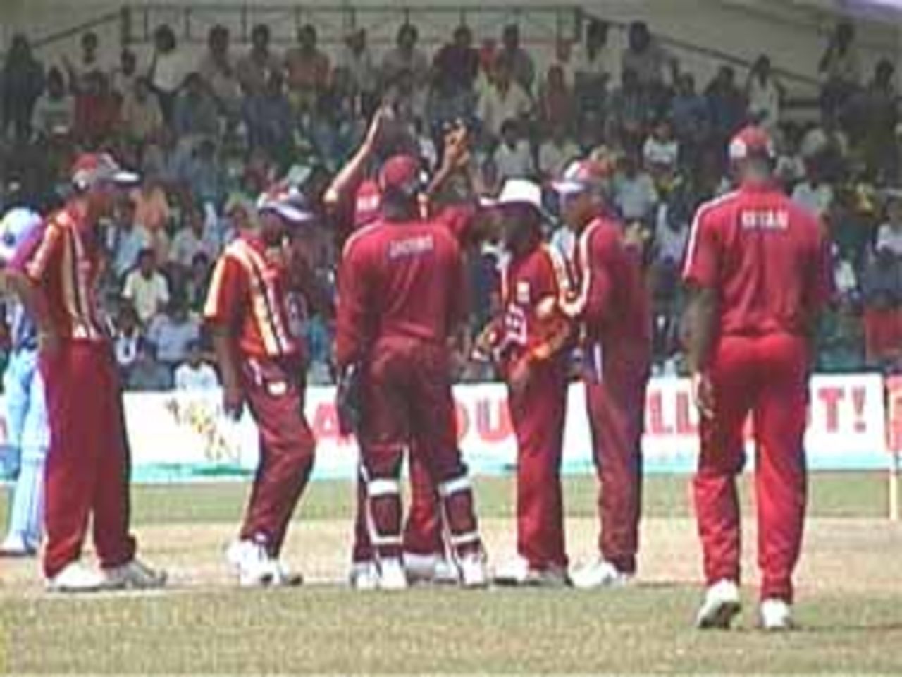 West Indians celebrate after picking up the crucial wicket of Tendulkar, India v West Indies (Final), Coca-Cola Singapore Challenge, 1999-2000, Kallang Ground, Singapore, 7 Sep 1999.