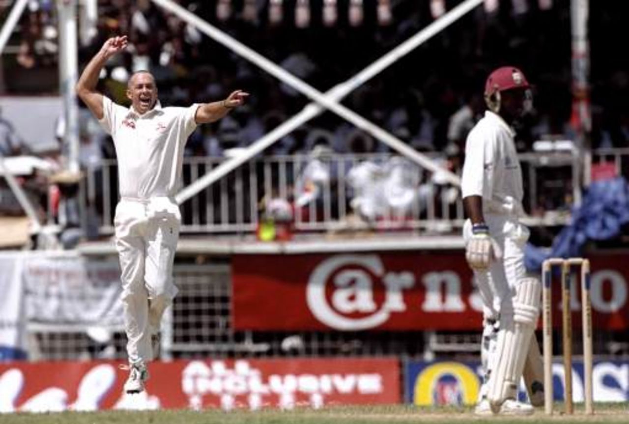 4 Apr 1999: Colin Miller of Australia takes the wicket of Sherwin Campbell of the West Indies in the Fourth Test at the Recreation Ground in St John's, Antigua. Australia won by 176 runs to level the series 2-2.