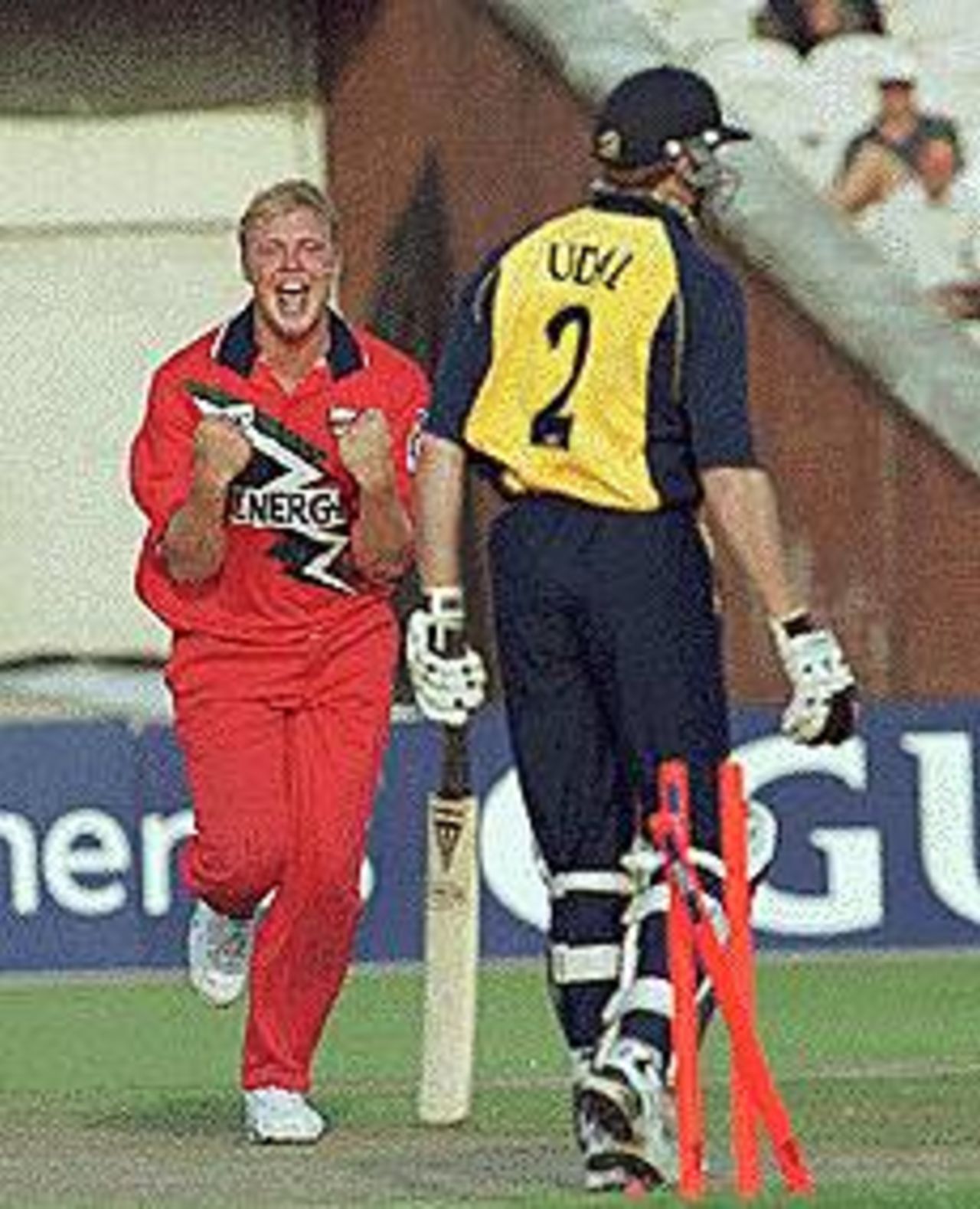 Andrew Flintoff celebrating the wicket of Udal, National League, Lancashire v Hampshire, 6 September 1999