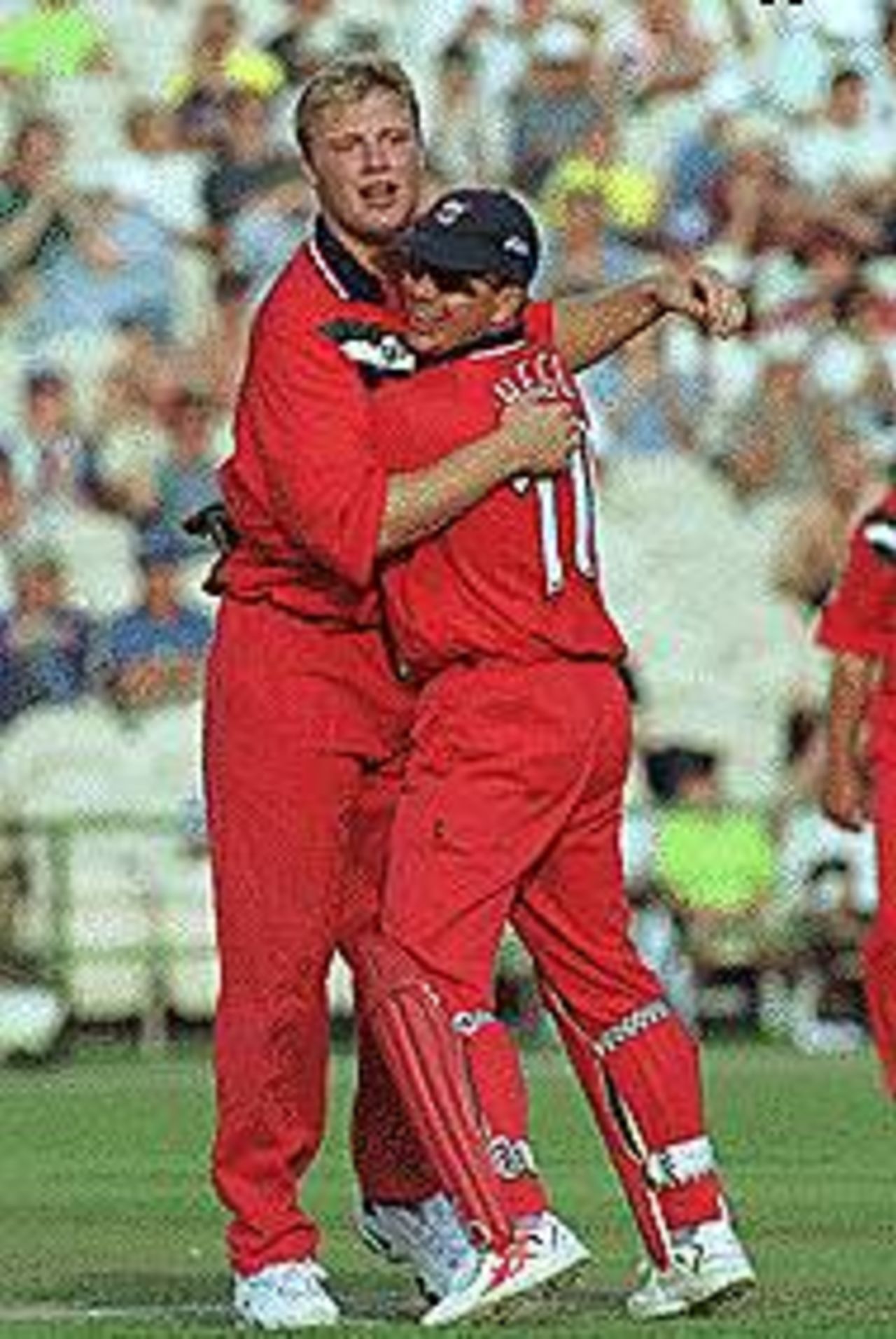 Andrew Flintoff congratulated by Warren Hegg, National League, Lancashire v Hampshire, 6 September 1999