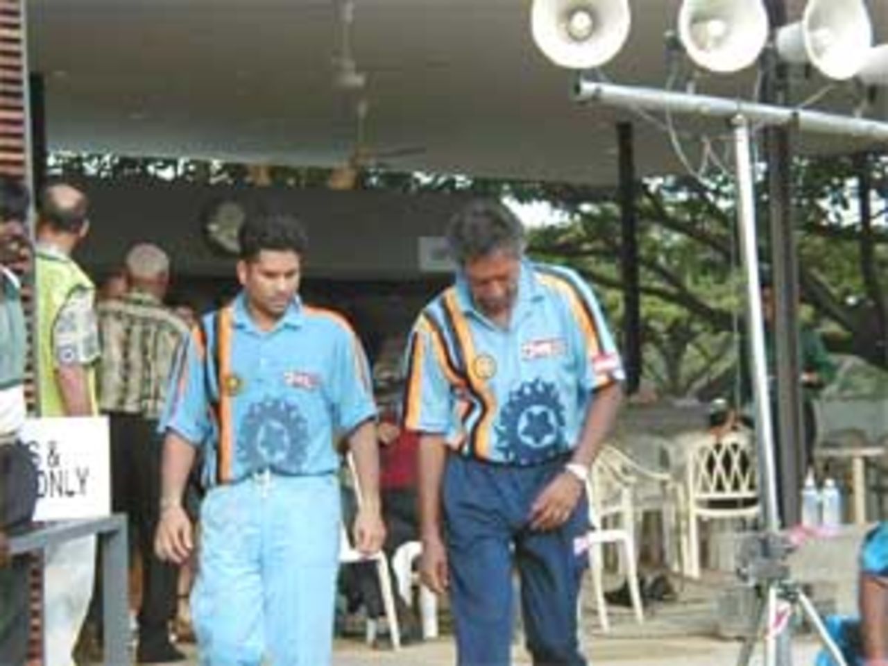 The Indian captain and coach look dejected after being beaten by West Indies, India v West Indies (Final), Coca-Cola Singapore Challenge, 1999-2000, Kallang Ground, Singapore, 8 Sep 1999