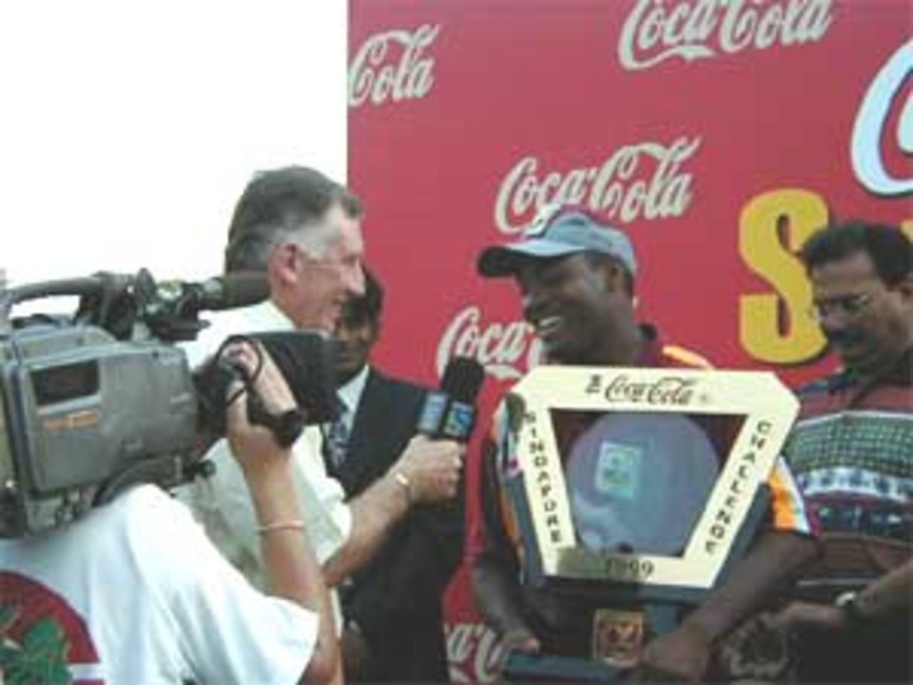 Victorious Brian Lara speaks to Ian Chappell, India v West Indies (Final), Coca-Cola Singapore Challenge, 1999-2000, Kallang Ground, Singapore, 8 Sep 1999