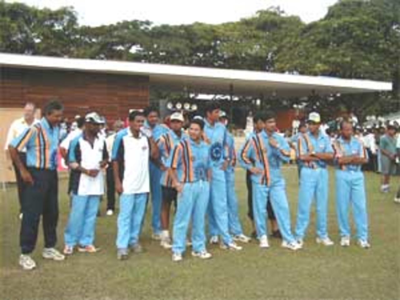 The Indian Team waits for the presentation ceremony, India v West Indies (Final), Coca-Cola Singapore Challenge, 1999-2000, Kallang Ground, Singapore, 8 Sep 1999.
