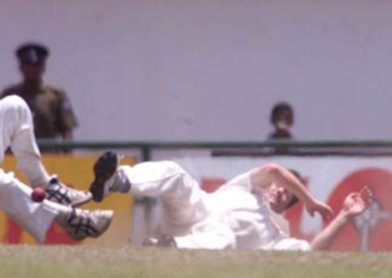 10 Sep 1999: Jason Gillespie (left) and Steve Waugh of Australia collide attempting a catch, during day two of the First Test between Sri Lanka and Australia at Asgiriya Stadium, Kandy, Sri Lanka.