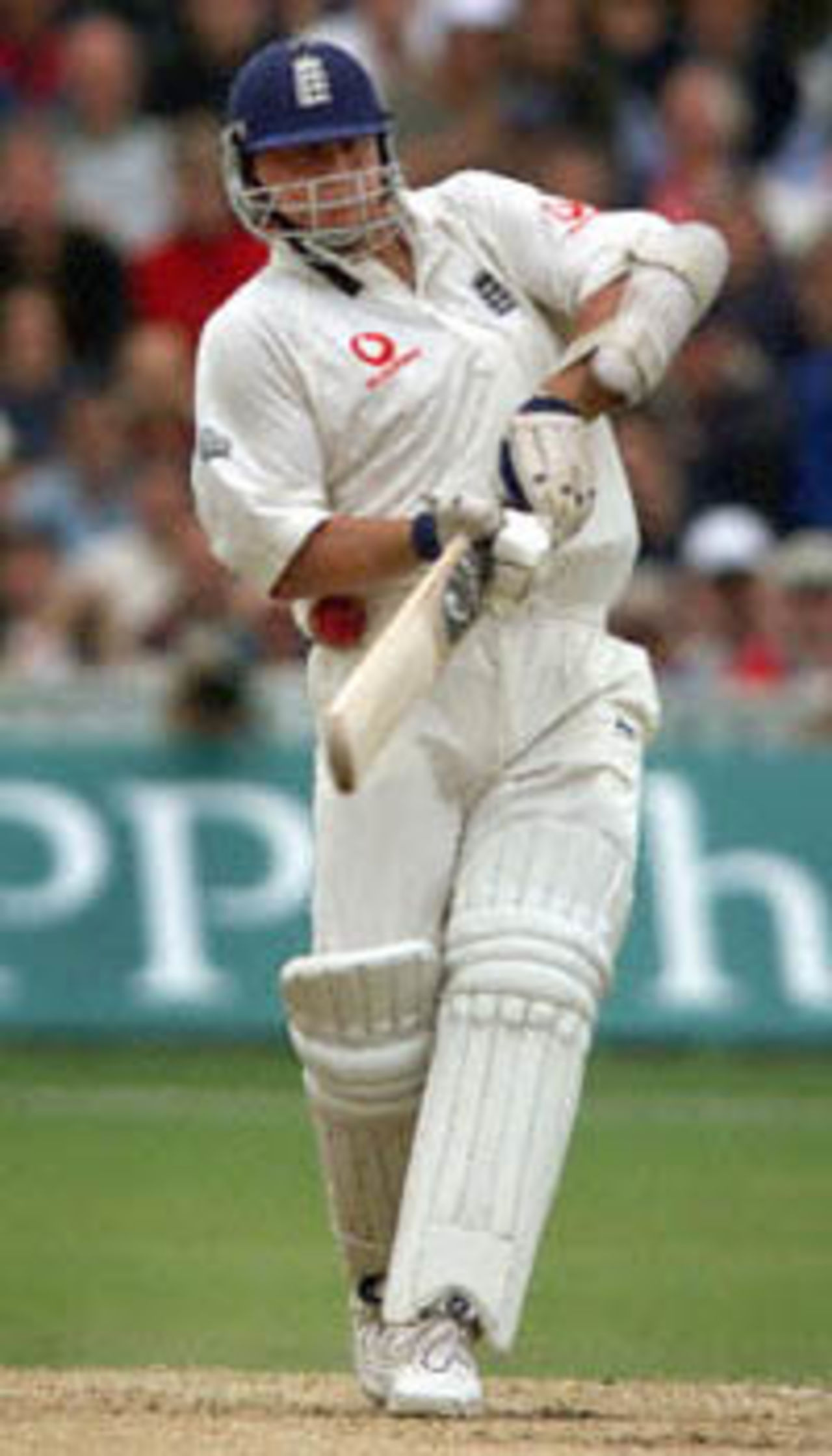 England's Darren Gough swings and misses the ball against the West Indies, during the first innings of the fifth Test at the Oval in London. Gough, the last man out, scored eight runs in England's total of 281. The Wisden Trophy, 2000, 5th Test, England v West Indies, Kennington Oval, London, 31Aug-04Sep 2000 (Day 2).