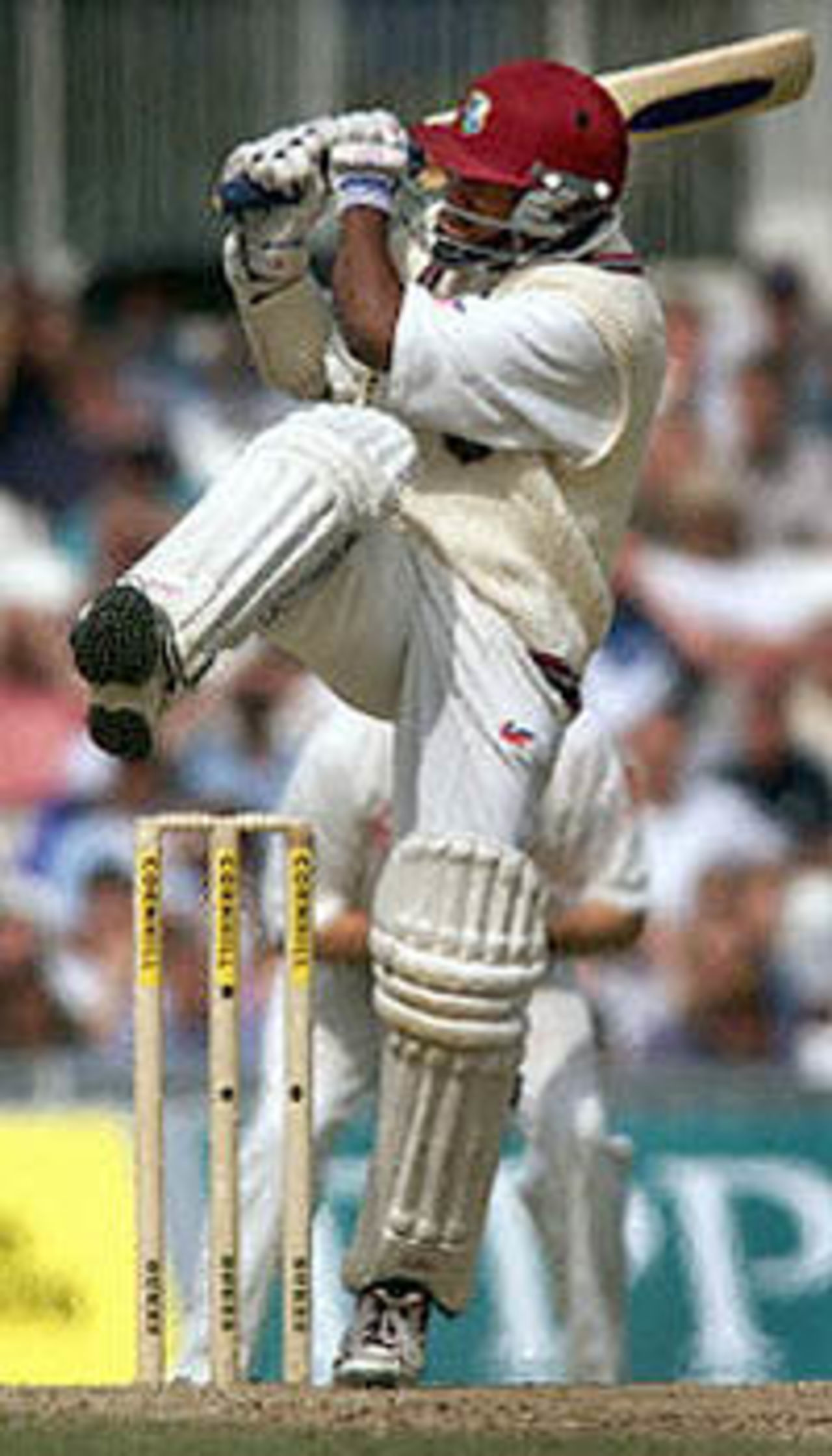 Brian Lara, of the West Indies, hits a boundary for four during the last day of the Test Match against England at the Oval in London. The West Indies are chasing a total 374 runs to win the match. The Wisden Trophy, 2000, 5th Test, England v West Indies, Kennington Oval, London, 31Aug-04Sep 2000 (Day 5).
