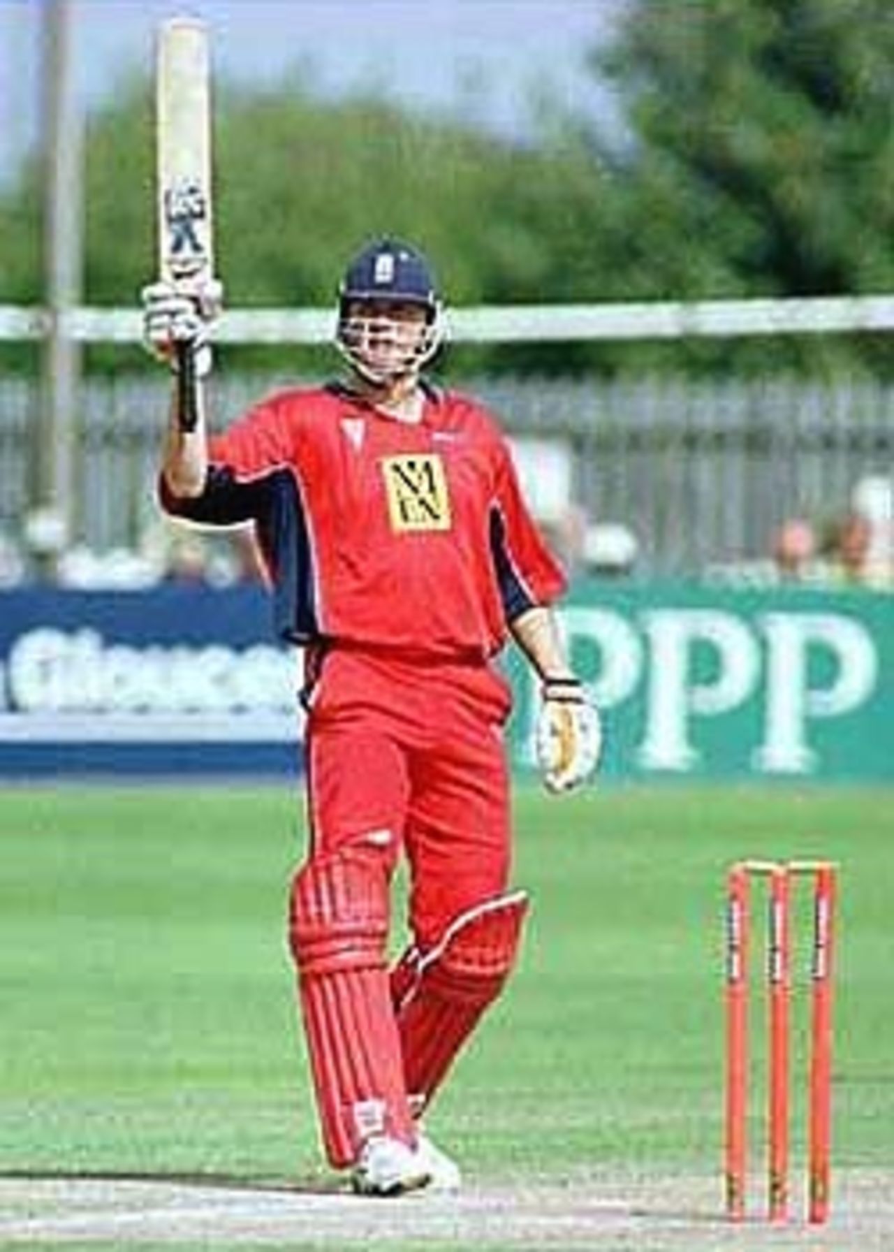 Hard hitting Andrew Flintoff signals for a new bat, National League Division One, 2000, Gloucestershire v Lancashire, The Royal & Sun Alliance County Ground, Bristol, 4 September 2000.
