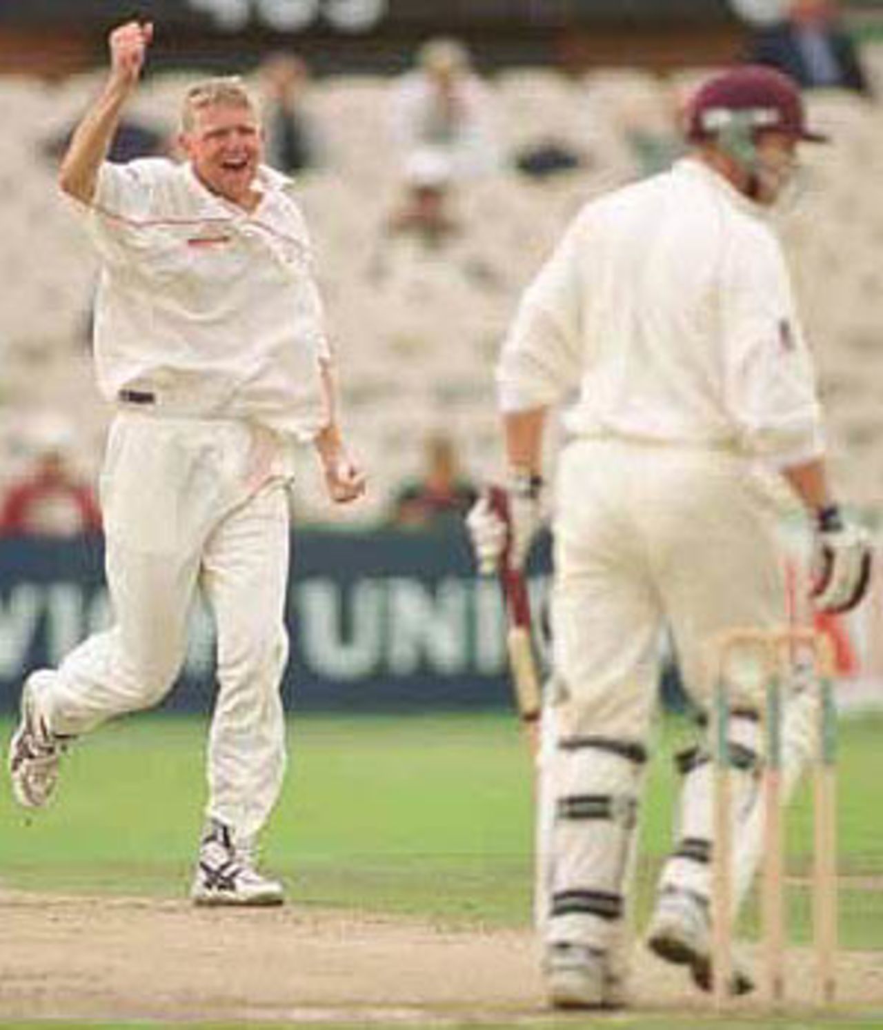 Peter Martin celebrates getting out Burns, PPP healthcare County Championship Division One, 2000, Lancashire v Somerset, Old Trafford, Manchester, 08-10 September 2000 (Day 3).