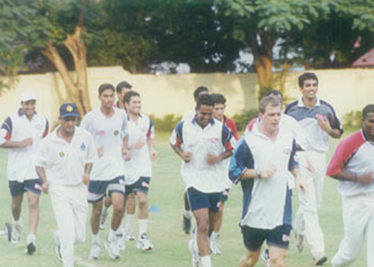 Physio Leipus taking the probables through a session of jogging, MRF Pace Foundation, Chennai, 14 Sep 2000.