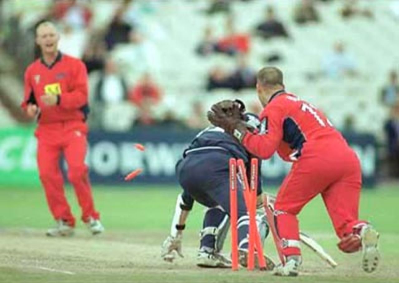 Jamie Haynes stumps out Robin Martin-Jenjins off the bowling of Gary Keedy. National League Division One 2000, Lancashire v Sussex, Old Trafford, Manchester 17 Sep 2000