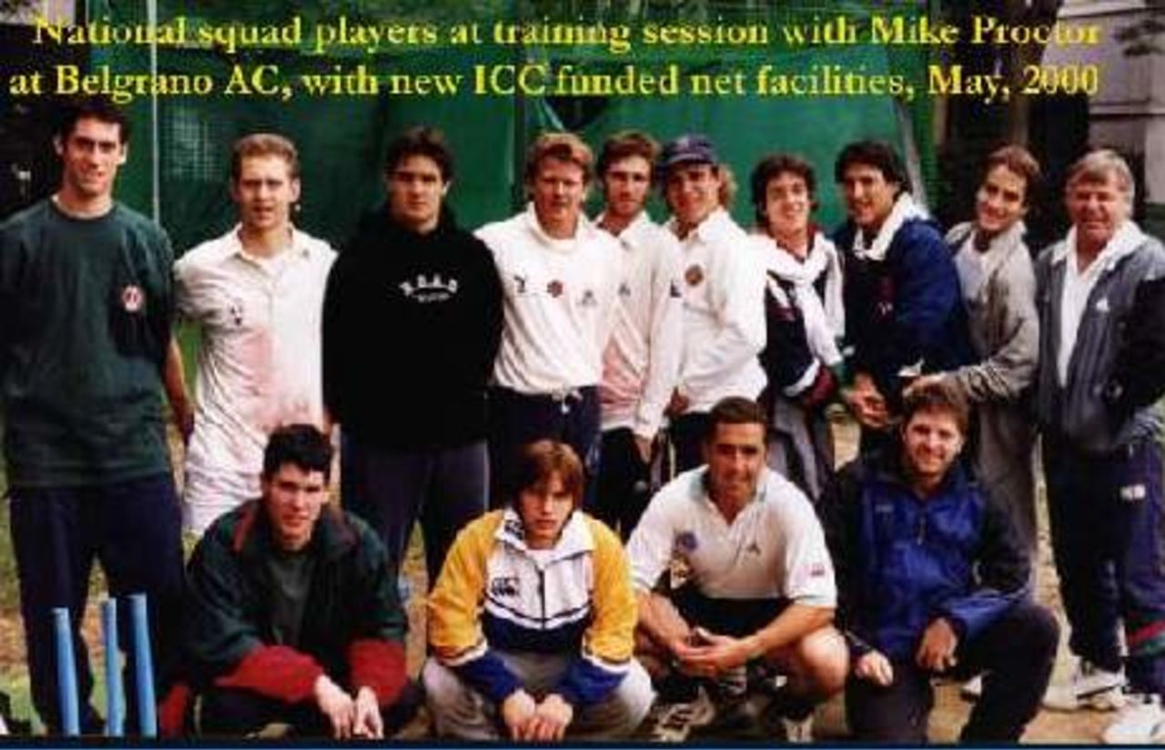 National squad players at training session with Mike Procter at Belgrano AC, with new ICC funded net facilities, May 2000