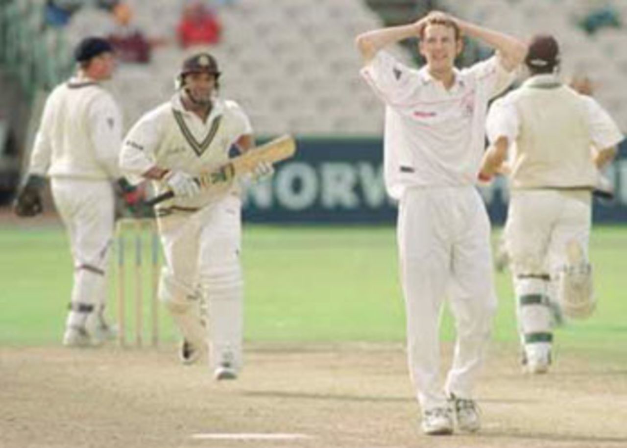 Chris Schofield goes close to getting out Gary Butcher, PPP healthcare County Championship Division One, 2000, Lancashire v Surrey, Old Trafford, Manchester, 13-16 September 2000(Day 2).