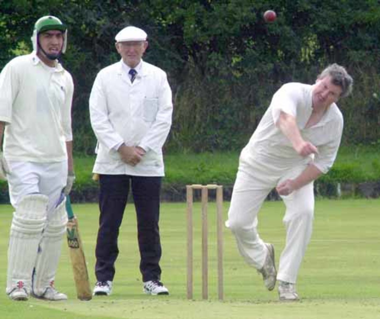 Accrington A opening bowler Tom Pendergast in action
